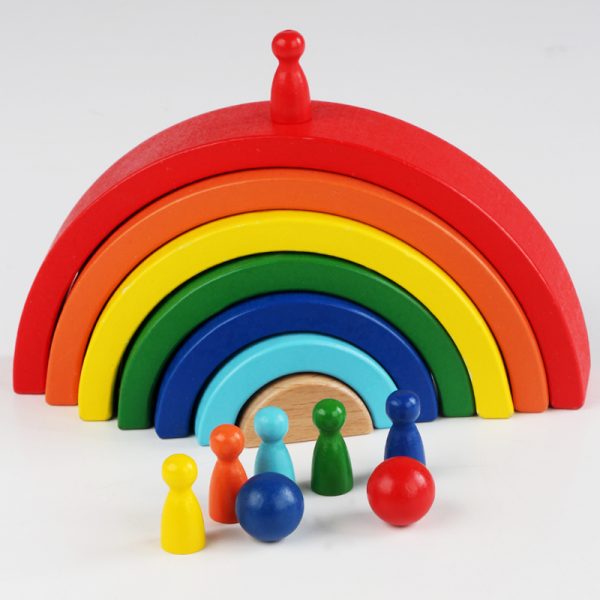 Wooden Rainbow Stacking Building Blocks Stacker Family Learning Game Creative Montessori Toy For Kids