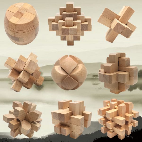 9 PCSTraditional wooden Kids Kong Ming Lock China Classic Educational Toys Luban Lock Stress Relief Brain Puzzle