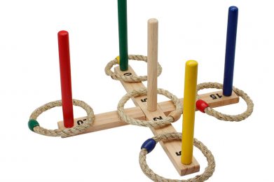 Wooden Ring Toss Game Set 5 Wood Pegs & Rope Rings Indoor Outdoor Family Games