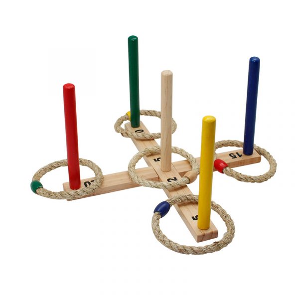 Wooden Ring Toss Game Set 5 Wood Pegs & Rope Rings Indoor Outdoor Family Games