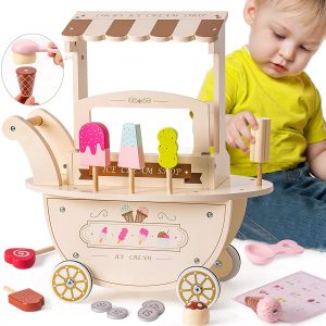 Hot Selling Wooden supermarket Food Cart Play Set with Accessories for Pretend Play Ice Cream trolley